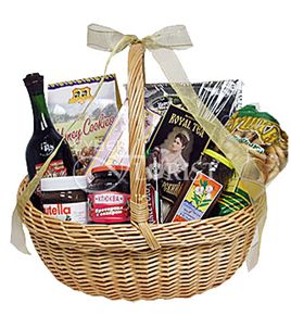 basket with sweets and wine